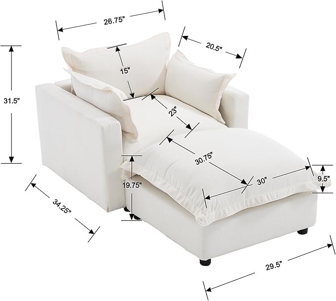 Modern Couch Modular Sectional Sofa Single Sofa Accent Chair with Ottoman for Living Room Bedroom Study Reading Corner Linen Fabric-White