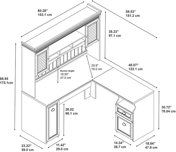 Bush Furniture L Shaped Desk with Hutch Drawers and Storage Cabinet Fairview Collection Corner Computer Table for Home Office with Pewter Accents 60Wx60Dx69H