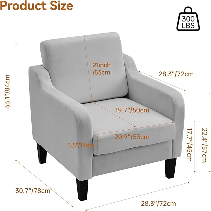 Accent Chair for Living Room Modern Velvet Living Room Chairs with Wide Backrest Upholstered Comfy Chair with Cushion Oversized Sofa Chair with Wood Legs Single Armchair Grey