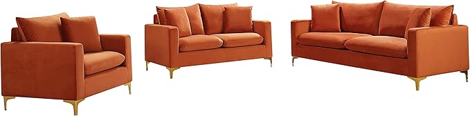 Meridian Furniture 633Cognac-L Naomi Collection Modern | Contemporary Velvet Upholstered Loveseat with Deep Channel Tufting and Rich Gold Stainless Steel Legs Cognac 58 W x 33.5 D x 30 H