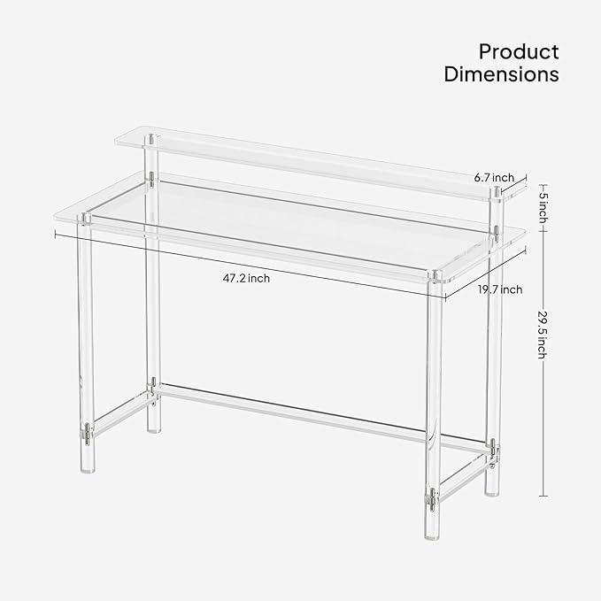 Eglaf Acrylic Desk - 47.2 L x 19.7'' W x 34.5 H - Modern Home Office Desk with Monitor Stand - Clear Desk Computer Desk Writing Table for Office Living Room Bedroom