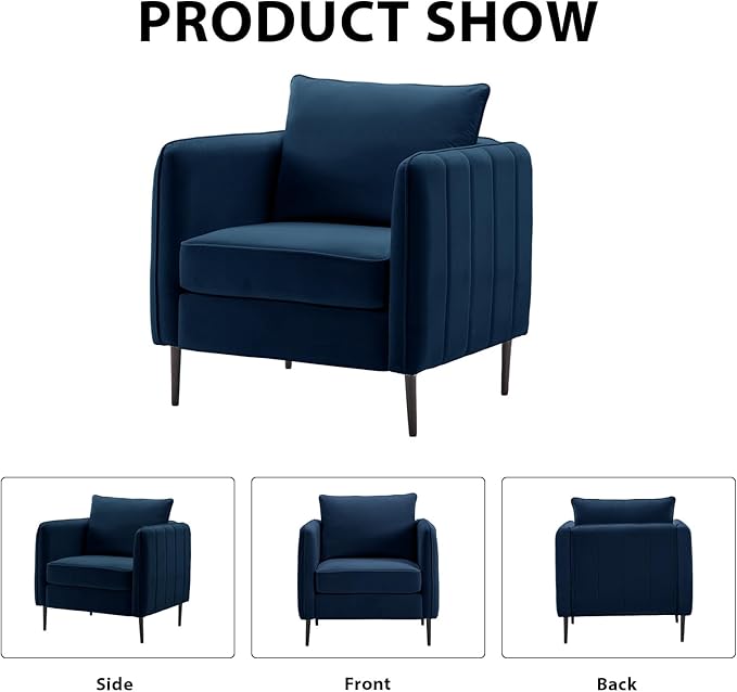 Modern Velvet Accent Chair Single Sofa Chairs Armchair with Square Arm Upholstered Accent Chairs for Living Room Bedroom Apartment (Navy Chair)
