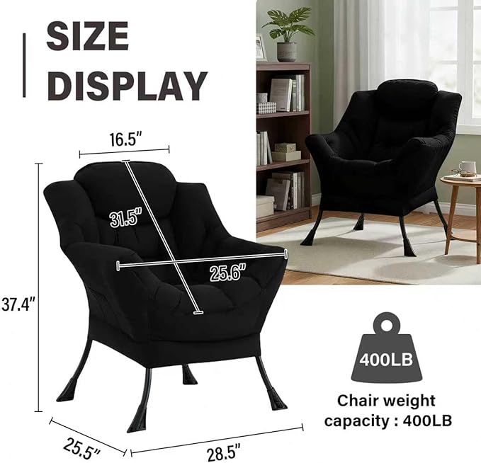 Lazy Chair Modern Soft Reading Chair Accent Contemporary Sofa Chair with Armrests and a Side Pocket for Bedroom Dorm &amp Office Black