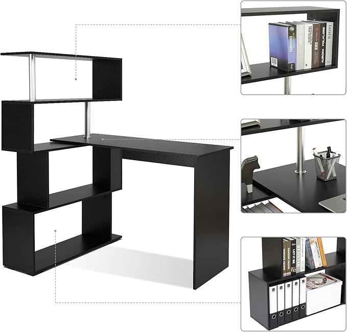 41.7 L Shaped Desk with 4-Tier Storage Shelves Computer Corner Desk for Study Home Office Living Room (Black)