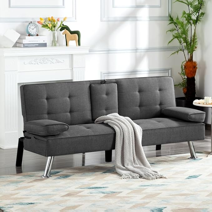 Sofa Bed Adjustment Sofa Double-Sided Double Sofa Folding Sofa Bed GuestbedcupholderBed Modern PU and Polyester Lounge Chair (Dark Grey)