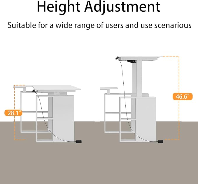 WOODTIME U-Shaped Electric Standing Desk with Drawer Doors &amp Open Shelves Height Adjustable Home Office Computer Stand up Desk with Storage White