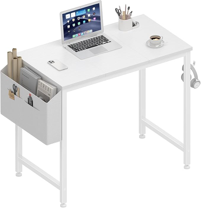 Lufeiya Small White Desk for Small Spaces 32 Inch Kids Girls Study Writing Desks for Bedroom Simple Modern Laptop PC Little Side Table with Storage Bag Headphone Hook White