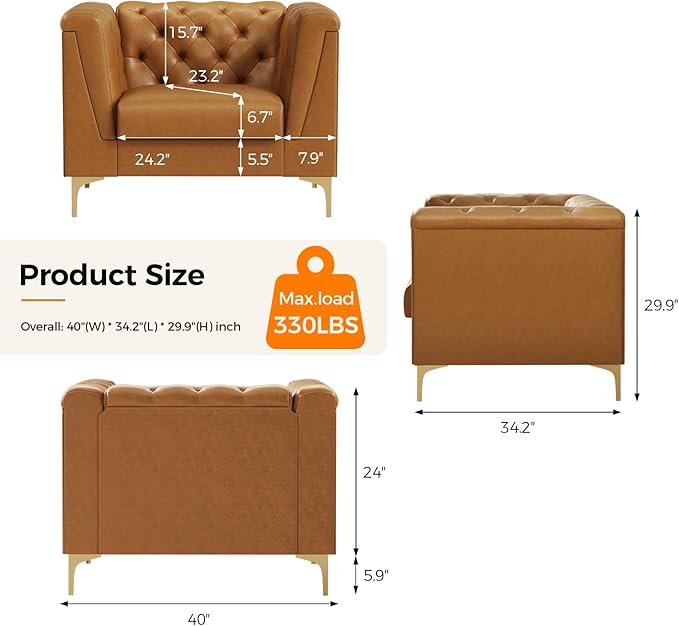 40 Mid-Century Modern Sofa ChairAccent Chair with Deep Seat with Armrests Easy Installation Comfy Armchair for Living Room Apartment Brown