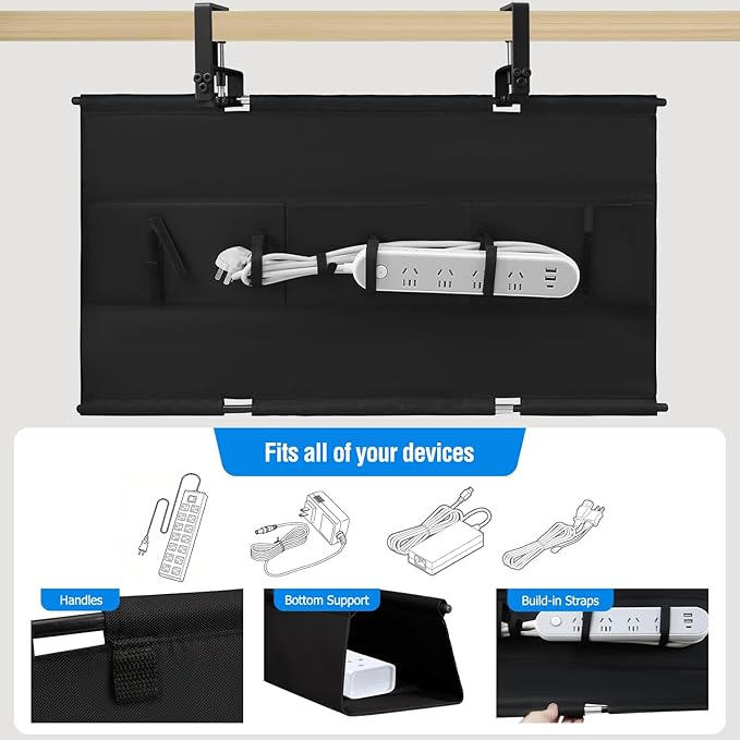 Under Desk Cable Management Tray - Heavy Duty No-Drill Clamp &amp Screw Mount 28-Inch Cord Organizer for Home Office Gaming Setup &amp Study Room Holds Power Strip &amp Large Adapters (Black 28