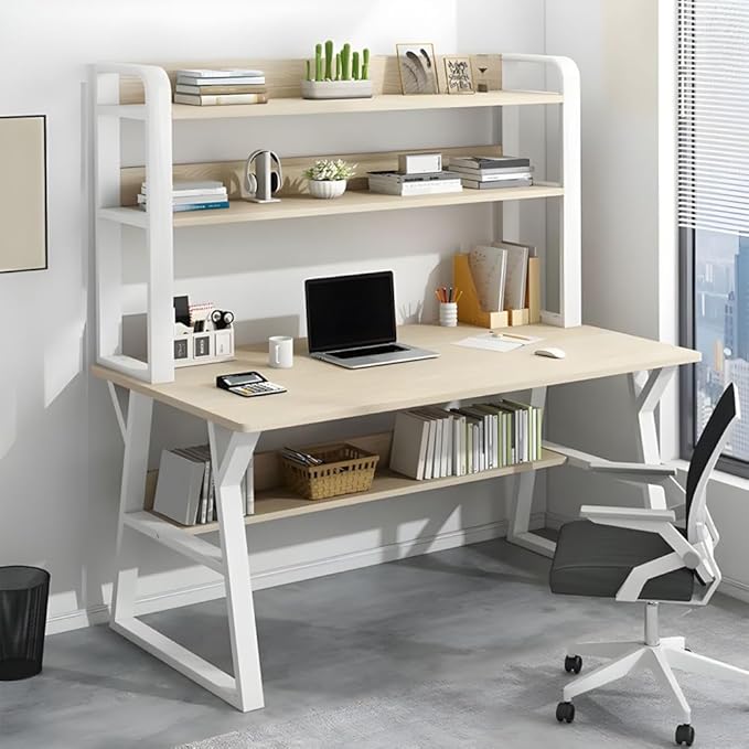 LITFAD Modern Computer Desk Home Office Desk with Storage Shelves Study Table with Bookcase for Study Room and Office Without ChairsNatural&ampWhite-31.5 L x 19.5 W x 58 H