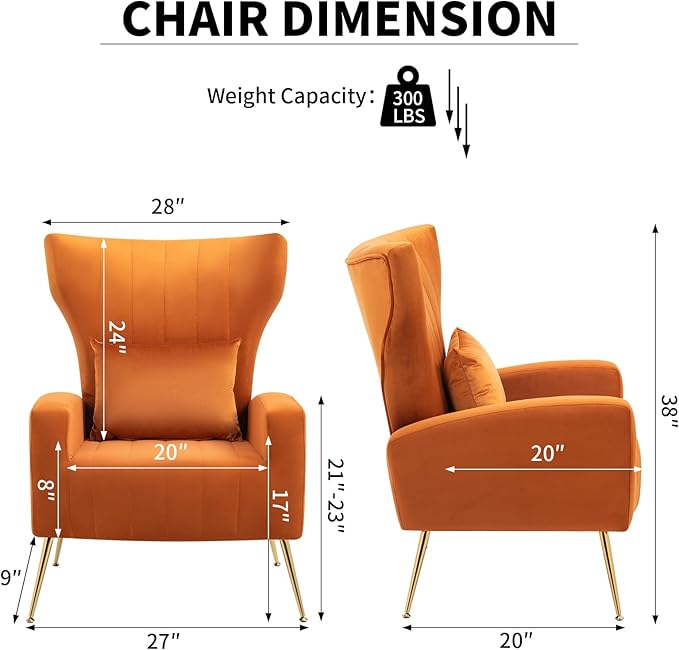 Modern Accent Chairs Set of 2 Wingback Chair with Arm &amp Gold Legs Living Room Bedroom Side Chair with Lumbar Pillow Velvet Upholstered Channel Tufted Orange