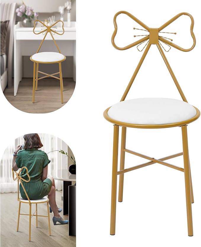 Modern Vanity Chair StoolCute Makeup Chair w/Butterfly BackrestGirl's Stool Ottoman BenchMetal Bench Legs Gold Dining ChairBow Knot Design Seat for Bedroom Living Room (White Velvet)