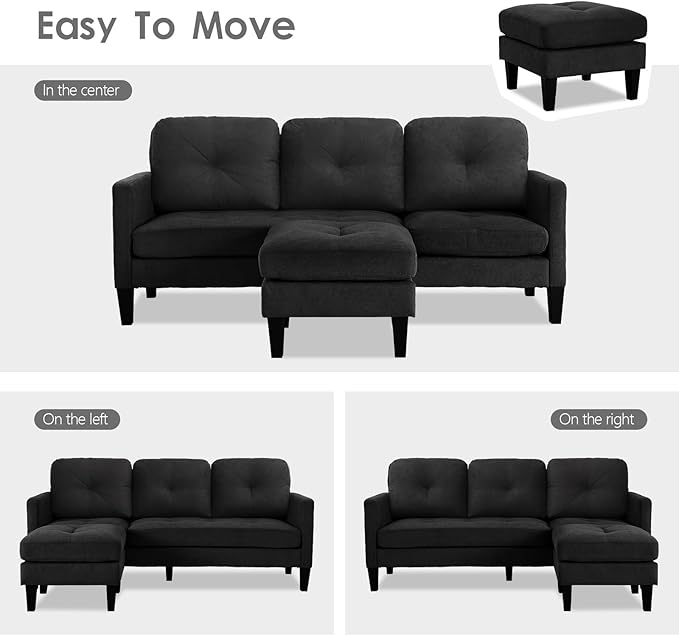 L-Shaped Couch with Reversible ChaiseConvertible Sectional Sofa CouchModular Couch SetLiving Room Furniture SetsCouches for Living Room Apartment and Small Space (Black)