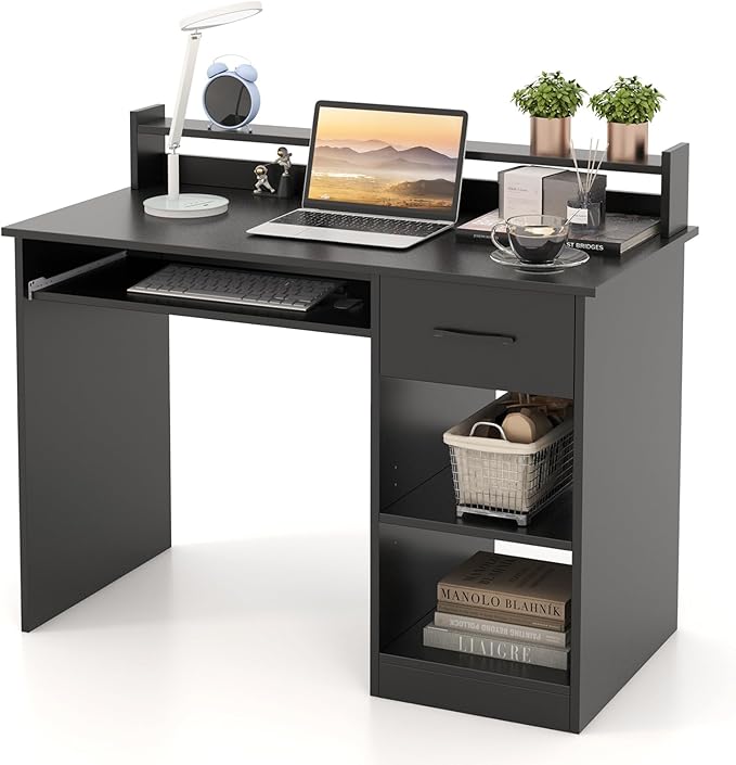Computer Desk with Drawers Study Table with Storage Shelves Keyboard Tray Wood Makeup Vanity Table Small Desk for Bedroom Study Living Room Home Office (Black 35.5''H)