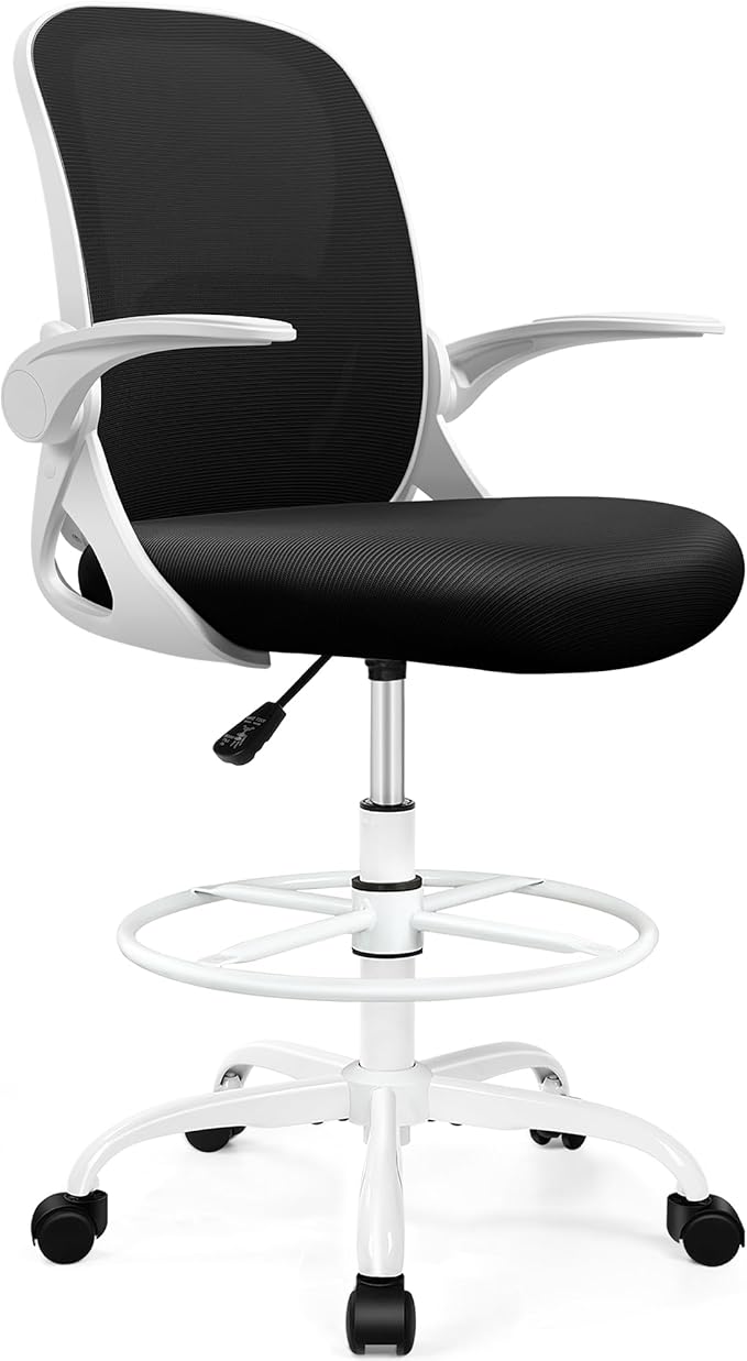 Drafting Chair Tall Office Chair with Flip-up Armrests Adjustable Height and Enhanced Lumbar Support - Ergonomic Rolling Stool Back Support and Adjustable Foot Rest Ring for Standing Desk White