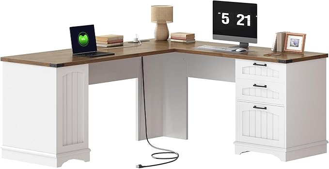 HOOBRO Farmhouse L Shaped Computer Desk Computer Desk with Power Outlets 59 Corner Office Desk with 3 Drawers &amp Adjustable Shelves for Home Office Study White and Walnut WH150UDN01