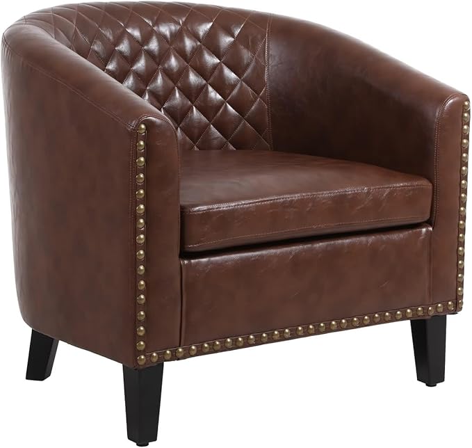 Accent Barrel Chair Living Room Chair with Nailheads and Solid Wood Legs Brown PU Leather