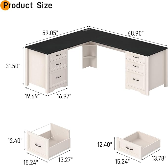 Farmhouse Home Office Desk with 6 Drawers L Shaped Executive Desk with Power Outlets and Triangle Under-Desk Storage Shelf &amp Drawer File Cabinet Corner Computer Desk Black