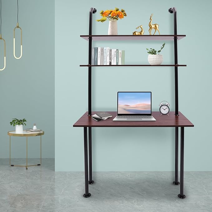 2-Shelf Industrial Wall Mount LadderWall Mount Computer Desk Writing DeskIndustrial Bookcase Desk with ShelvesFloating Desk with Storage Wall Table for Home Office Brown (20Dx30Wx72.7H)