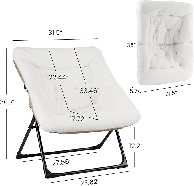 Comfy Saucer Chair for Adults Soft Faux Fur Bedroom Chair Accent Dorm Chairs Flexible Living Room Reading Chairs Oversized Folding Seat for Teens X-Large White