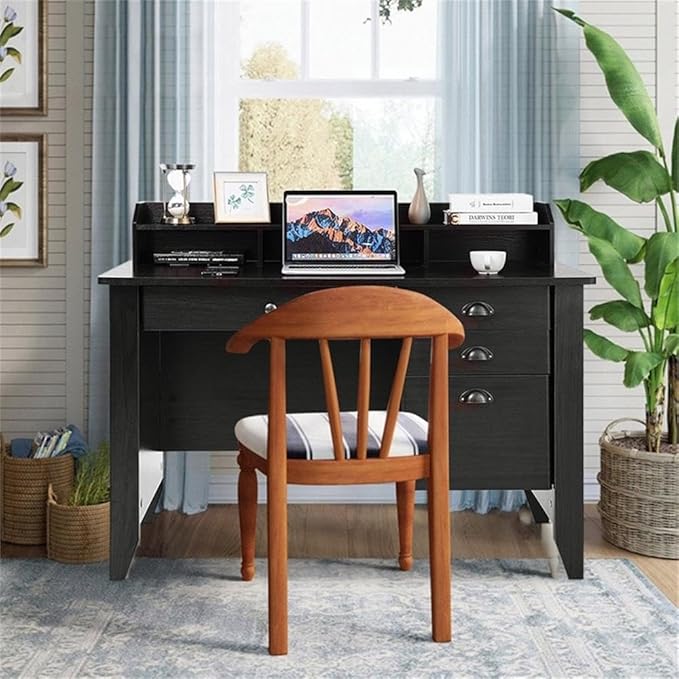 Pemberly Row Computer Desk MDF Wood Construction Black Finish Spacious Tabletop with Elevated Monitor Stand File Drawer and 3 Storage Drawers Modern Workstation for Home Office or Study