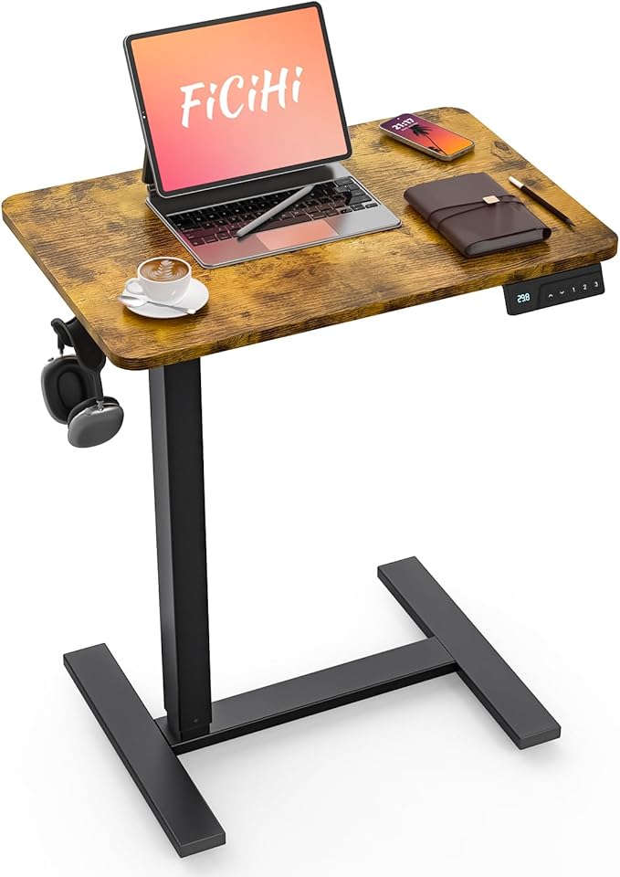 FiCiHi Electric Standing Desk with Wheels – Adjustable Height Mobile Sit-Stand Laptop Table Portable Rolling Small Computer Workstation for Home Office &amp Bedside Use (28x16 Rustic Brown)