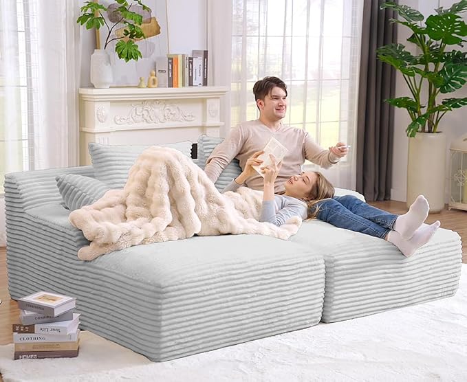 Oversized Double Chaise Lounge Chair IndoorWide Corduroy Boneless Chaise Lounges SofaComfy Upholstered Cloud Couch No Assembly Required Loveseat Sleeper Chair Bed for Living Room(Light Grey)