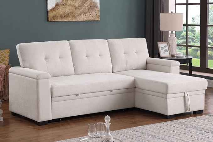 Lilola Home Convertible Sectional Sleeper Sofa Bed 85 Inch L Shaped Couch with Pull Out Bed Storage Chaise Removable Back Cushions for Living Room Office Woven Fabric Beige