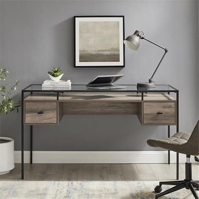 Pemberly Row 56 2-Drawer Writing Desk Tempered Glass Top and Gray Wash Finish Mixed Materials with Metal Frame Modern Executive Desk for Home Office or Workspace Use
