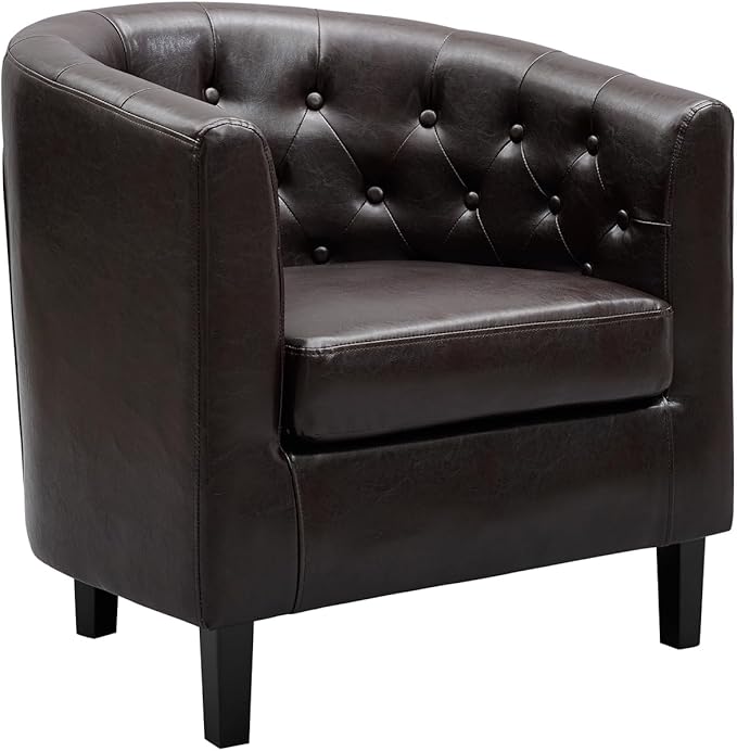 Naomi Home Emma Faux Leather Armchair Modern Tufted Barrel Accent Chair with Wooden Legs Wide Seat &amp Supportive Back for Living Room Bedroom or Office - Espresso