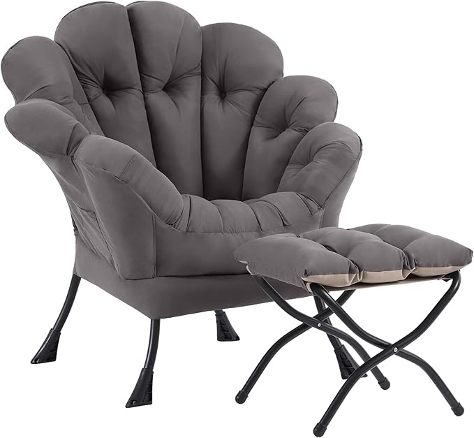 Lazy Chair with Ottoman Modern Floral Reading Chair with Folding Footrest Dark Grey Accent Chairs Comfortable Oversized Armchairs for Bedroom Living Room Courtyard