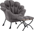 Lazy Chair with Ottoman Modern Floral Reading Chair with Folding Footrest Dark Grey Accent Chairs Comfortable Oversized Armchairs for Bedroom Living Room Courtyard