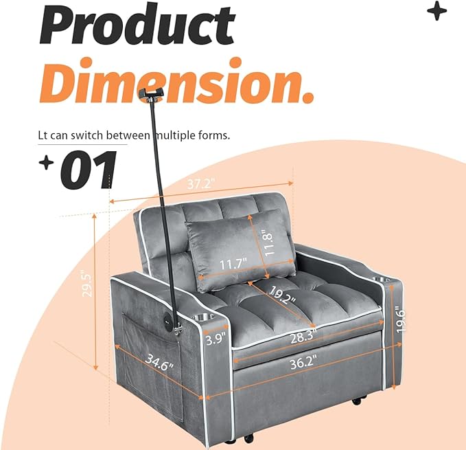 Convertible Sleeper Chair Pull Out Chair Sleeper with Bracket and Cup Holder Chairs Bed Sleepers for Adults 3 in 1 Sofa Bed Chairs for Small Spaces Living Room Dark Gray