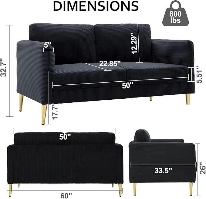 60 Black Modern Corduroy Loveseat Couch Plush Cloud Upholstered Cushions Mini Sofa 2-Seater Love Seat for Compact Small Space Living Room and Apartment Office Furniture Couche (60 Black)