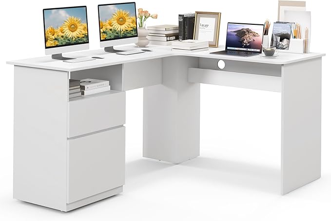 Giantex L Shaped Computer Desk with Drawers 59 Corner Desk Workstation with Storage Shelf &amp Cable Holes Large Executive Office Desk Modern Study Writing Table for Home Office (White)