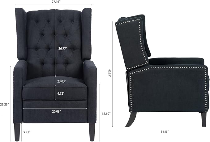 Pushback ReclinerComfortable Wingback Recliner Sofa Chair with Adjustable Backrest Tufted Fabric Upholstered ArmchairRetro Rivets Decorated Recliner for Living Room Bedroom Office Home(Black)