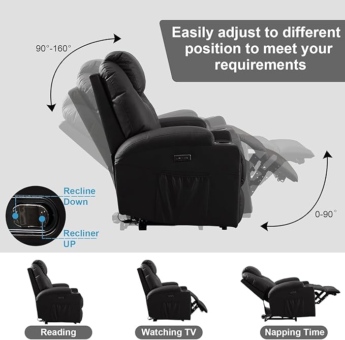 Power Recliner Chair with Heat and Massage PU Leather Home Theater Seating with LED Lights/Cup Holders/Side Pocket/USB Port Reclining Sofa Chair for Living Room (2 Black)