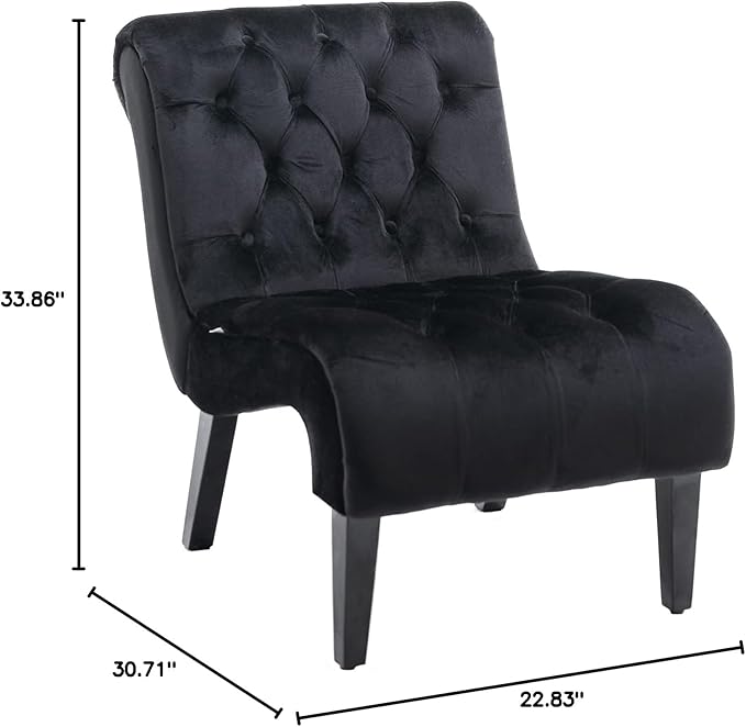 Modern Velvet Armless Accent Living Room Chair Leisure ChairUpholstered Fabric Button Comfortable Chair with Wooden Legs for Bedroom Living Room Office (Black Velvet)