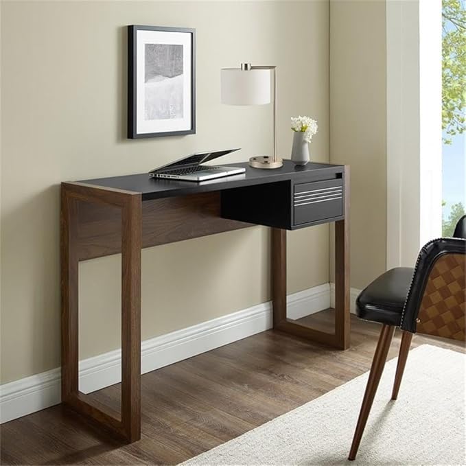 Walker Edison Fluted Small Computer Laptop Writing Vanity Desk with Drawers 46 Inch Black and Walnut