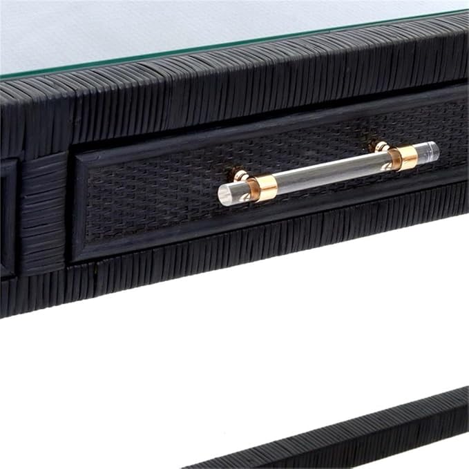 Pemberly Row Modern Rattan Desk 47.2 W x 15.8 D x 31.1 H Wood Frame with Glass Top Charcoal Finish 2 Soft-Close Drawers Handmade Contemporary Writing Desk for Home or Office