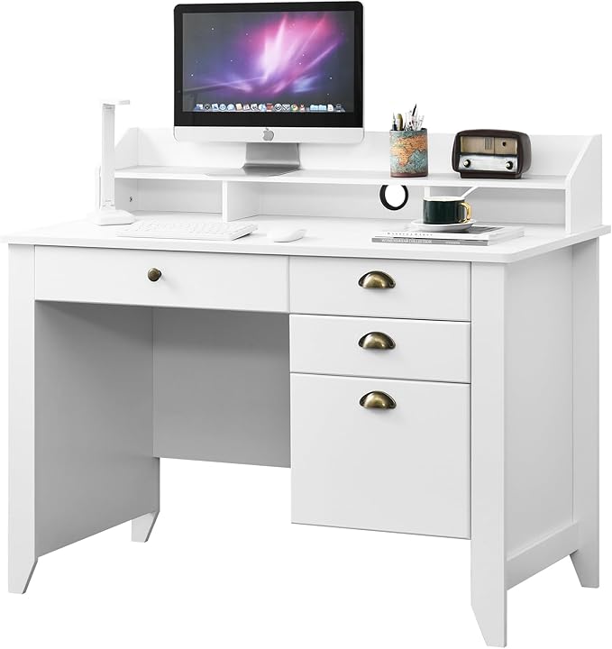 Catrimown Computer Desk with Drawers and Hutch 47 Inch Home Office Desk with File Drawers Student Girls Desks Teens Writing Table with Hutch Small Desk with Drawer for Bedroom White
