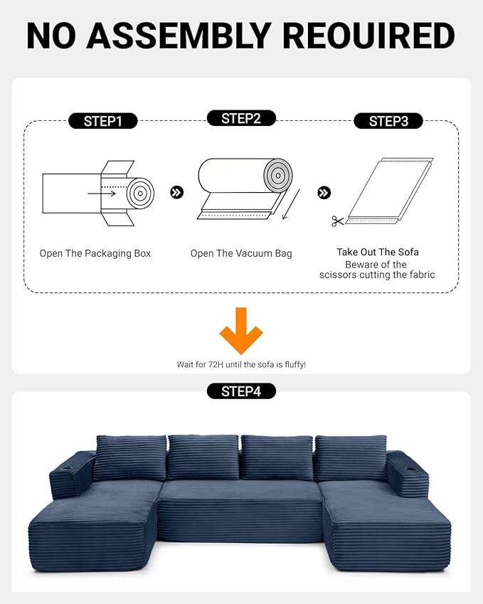 132 Inch Modular Sectional Sleeper Sofa Boneless Cloud Couch for Living Room U Shaped 5 Seat Sofa with 2 Cup Holders Free Combination No Assembly Required (Blue)
