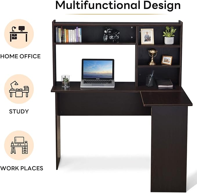 ivinta L Shaped Office Desk with Storage Shelves 47.2 Modern Corner Computer Desk with Storage hutch for Gaming Writing Study Wrok Small Home Office Table for Bedroom Living Room 7194 (Dark Brown)