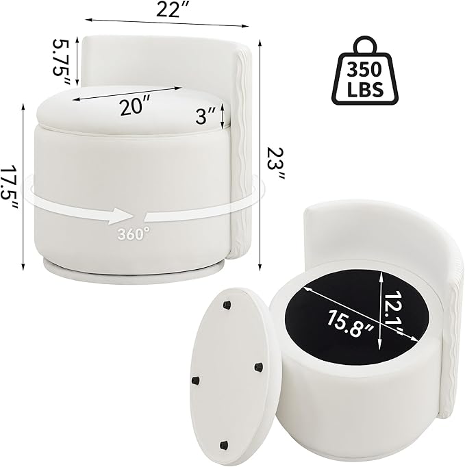 Large Velvet Vanity Chair with Storage 360° Swivel Makeup Chair with Wave Back No Assembly Small Accent Stool for Bedroom Dressing Living Room White