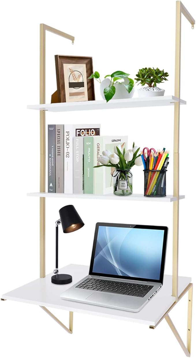 Wall Mount Desk 3-Tier Ladder Computer Desk with Storage Bookshelf Wall Table Industrial Bookcase Desk Industrial Floating Shelves for Home Office White