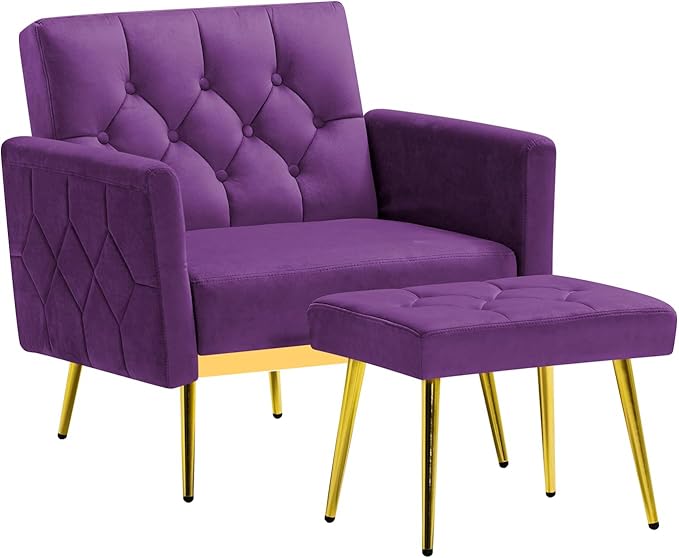 Velvet Accent Chair w/Adjustable Armrests and Backrests Tufted Single Sofa with Ottoman Upholstered Reading Chiar for Living Room Apartment Bedroom Purple