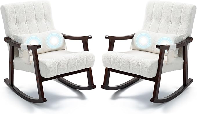 AVAWING Teddy Upholstered Rocking Chair Set of 2 Small Glider Rocker with 2-Point Massage Lumbar Pillow and Solid Wood Legs for Nursery and Living Room White