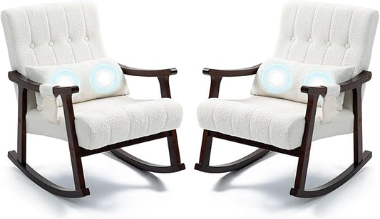 AVAWING Teddy Upholstered Rocking Chair Set of 2 Small Glider Rocker with 2-Point Massage Lumbar Pillow and Solid Wood Legs for Nursery and Living Room White