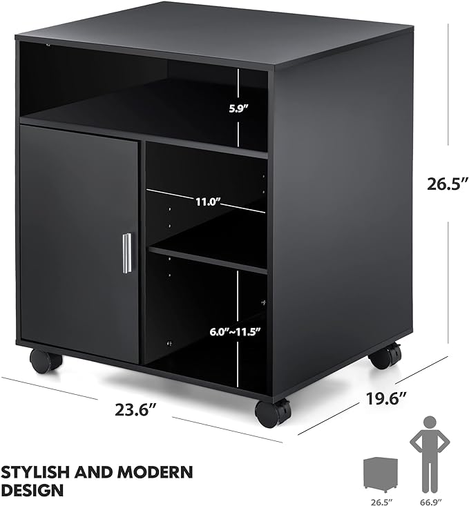 FITUEYES Rolling Wood File Cabinet with Door Mobile Large Office Work Cart with Adjustable Storage Shelves Black 23.6 W x 19.6 D x 26.4 H