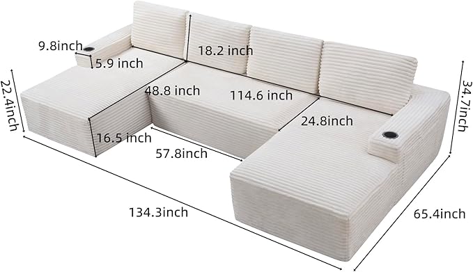 134 Modular Sectional Sofa Cloud Sectional Couch with Deep Seats Built-in Cup Holders &amp Side Pockets Upholstered Boneless Modern Modular Corduroy Sofa Couch with Chaise for Living Room Bedroom